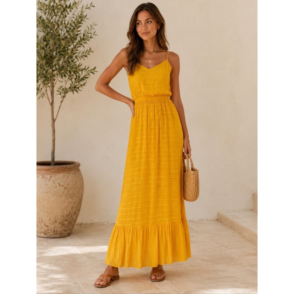 Skies Are Blue Yellow Rayon Smocked Maxi Dress XS Cottagecore Boho Summer Resort